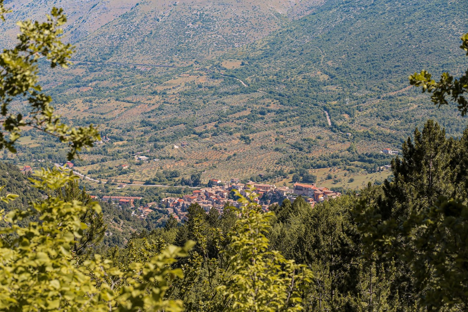 Pettorano sul Gizio in the valley below, seen through trees from a hiking trail